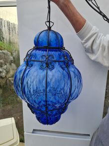 Seguso Murano Cobalt Blue Blown Detailed Lantern Chandelier Pendant Midcentury Vintage Designer