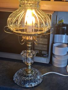Vintage 1960s Cut Glass Hurricane Parlor Lamp Gold Brass Boudoir Accent Light Postage Available or Collection
