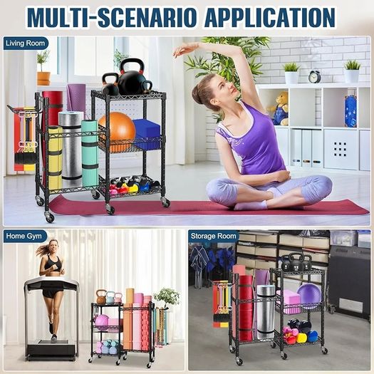 3-Tier Heavy Duty Carbon Steel Gym Storage Rack with Lockable Wheels  Hooks  Fitness Organizer for Dumbbells, Yoga Mats, Kettlebells  Resistance Bands 120KG Load for Home Gym