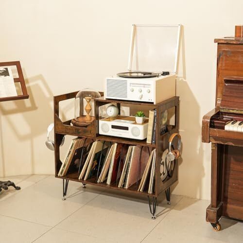 Large Rustic Record Player Stand, 2 Tier Record Player Table with Vinyl Record Storage 370 Albums