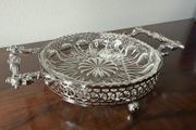 Vintage Glass Serving Dish in Ornate Metal Stand with Decorative Handles