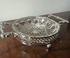 Vintage Glass Serving Dish in Ornate Metal Stand with Decorative Handles