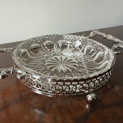 Vintage Glass Serving Dish in Ornate Metal Stand with Decorative Handles