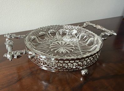 Vintage Glass Serving Dish in Ornate Metal Stand with Decorative Handles