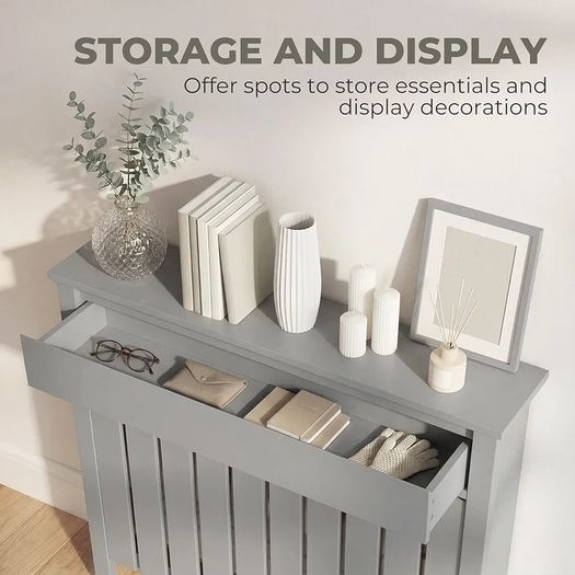 Radiator Cover with Drawer, Vertical Slatted Grill, Industrial MDF Wood Cabinet Shelf Heating Cover for Living Room, Bedroom, Hallway, Small, 88.5 x 19 x 93cm, Grey