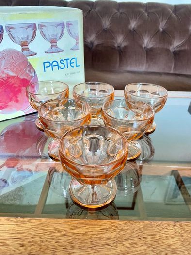 Retro Set of Six 1970s 80s Rose Glass Sundae Glasses