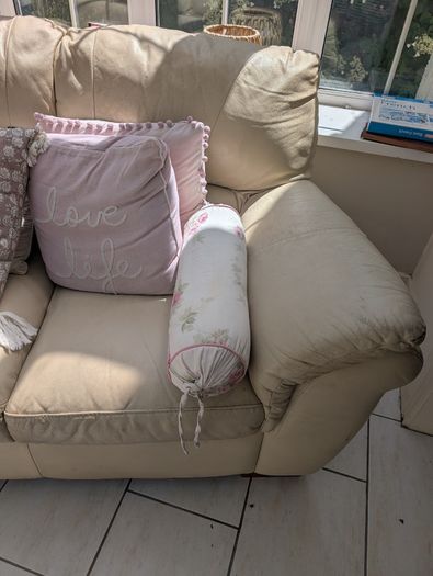 Ultra-Comfortable 2-Seater and 3-Seater Cream Leather Sofa (Well-Loved / Fair Condition)