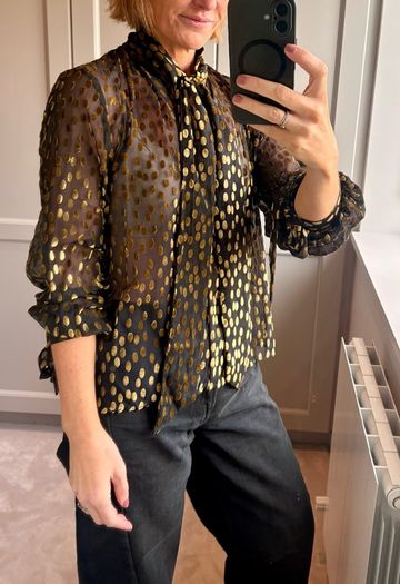 The Kooples Black and Gold Metallic Polka Dot Pussy-Bow Blouse
