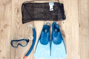 Decathlon SNK 500 Mask, Snorkel, Fins Set size 3-4 Blue Unused, Like New