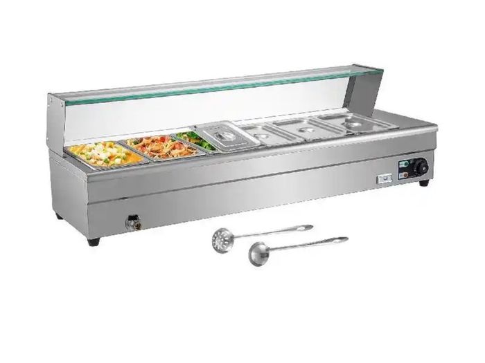 Buffet Food Warmer Stainless Steel 3-6 Pans with Glass Shield Commercial Countertop Bain Marie Electric Steamer Cooker