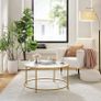 coffee table, living room table, round, coffee table, coffee table, with surface made of chipboard and gold-colored steel frame, easy assembly, modern, white-gold Image 2