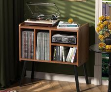 Record Player Table, Mid-Century Record Player Stand with Vinyl Storage Hold Up to 150+ Albums, Vinyl Record Cabinet with Adjustable Shelves, Wood Turntable Stand for Music Living Room, Oak