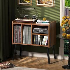 Record Player Table, Mid-Century Record Player Stand with Vinyl Storage Hold Up to 150+ Albums, Vinyl Record Cabinet with Adjustable Shelves, Wood Turntable Stand for Music Living Room, Oak