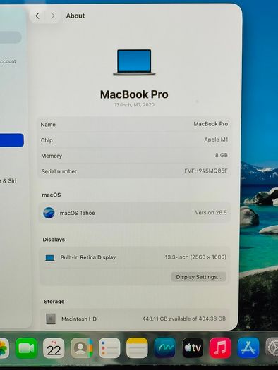 2020 MacBook Pro 13-inch M1 (A2338) 8GB RAM 512GB SSD Space Gray macOS Tahoe 26.5 , Battery Cycle: 194 (Was MDM Framework)