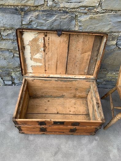 Late Victorian Antique Metal Bound Wooden Chest.