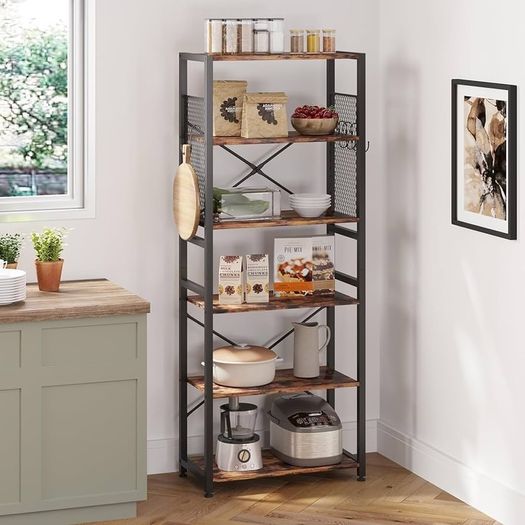 NEW SALE | 6 Tier Bookshelf, Standing Bookcase with 2 X-shape Strips,Metal Mesh Side Panels, 8 S-shaped Hooks, Industrial Storage Rack for Office, Living Room