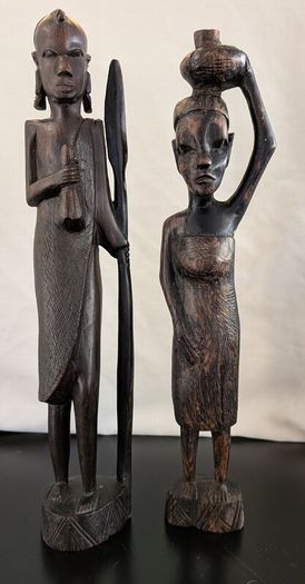 African Wooden Figures Pair Warrior Spear Water Carrier Hand Carved