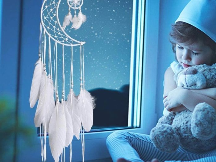 White Dream Catcher Handmade Moon Design with Feathers Dreamcatcher Wall Hanging Home Decoration Ornament Christmas Festival Craft Gift (FREE POSTAGE)