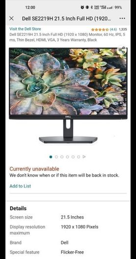 Dell SE2219H 21.5 Inch Full HD (1920 x 1080) Monitor, 60 Hz, IPS, 5 ms, Thin Bezel, HDMI, VGA