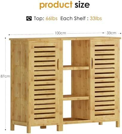 2-in-1 Modular Bamboo Bathroom Storage Cabinet | 3-Tier Open & Enclosed Shelving (2 Doors) Free-Standing Organizer for Bathroom, Kitchen, Living Room (100x33x87cm)