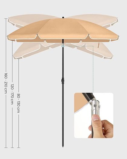 1.6 m Parasol, Beach Umbrella, UPF 50+, Sun Protection, Portable Octagonal Polyester Canopy, Fibreglass Ribs, Tilt Mechanism, Carry Bag, for Beach Garden Balcony Pool, Taupe MULTIPLE COLOURS AVAILABLE (FREE POSTAGE)