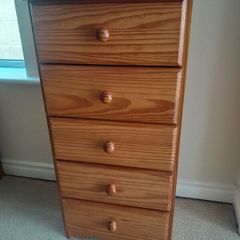 Narrow Pine 5 Drawer Tallboy Chest Of Drawers. Bedroom Furniture. Bedside cabinet locker.