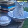 Minton blue and white marble style jug, bowl and sponge and soap dish. D18 Image 2