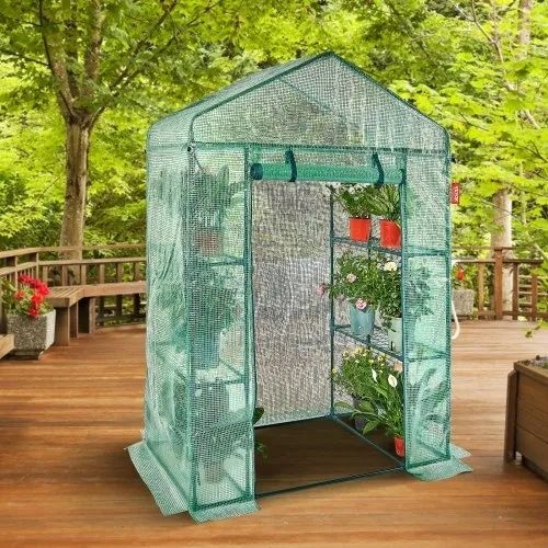 4.6 x 2.4 x 6.7 ft Greenhouse with Shelves, Set Up in Minutes, High Strength PE Cover with Doors & Windows and Steel Frame, Suitable for Planting and Storage, Green