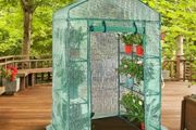 4.6 x 2.4 x 6.7 ft Greenhouse with Shelves, Set Up in Minutes, High Strength PE Cover with Doors &amp; Windows and Steel Frame, Suitable for Planting and Storage, Green