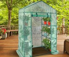 4.6 x 2.4 x 6.7 ft Greenhouse with Shelves, Set Up in Minutes, High Strength PE Cover with Doors & Windows and Steel Frame, Suitable for Planting and Storage, Green