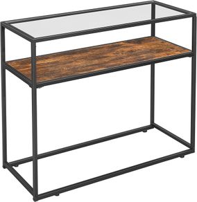 Console Table, Entrance Console, Tempered Glass Top, Robust Steel Frame, Easy Assembly, for Living Room Hallway, Industrial Style, Rustic Brown and Black LNT10BX
