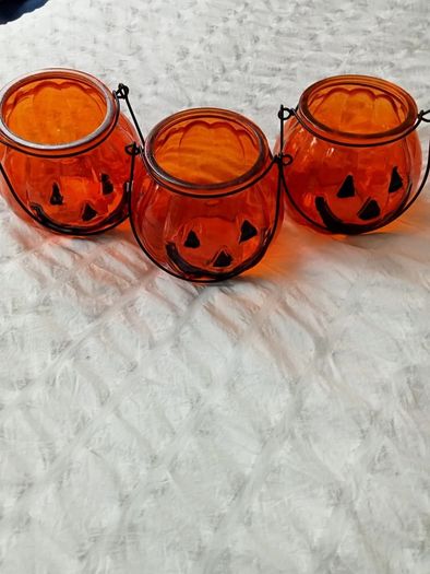 Set of 3 Halloween Orange Glass Pumpkin Tealight Candle Holders