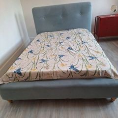 Double Bed with Mattress Blue Upholstered