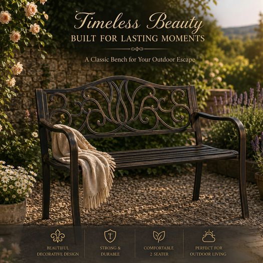 Black Bronze Metal Garden Bench 2 Seater Outdoor