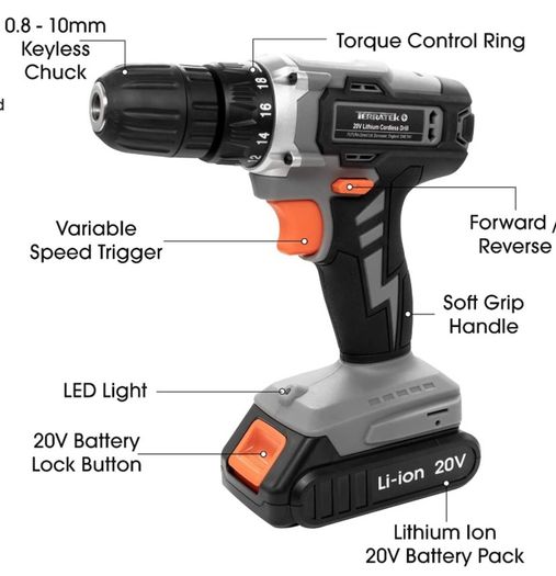13Pc Cordless Drill Driver 20V-Max Li-Ion Battery 1 Hour Fast charge, Electric Screwdriver, Accessory Kit, LED Work Light & Charger Included (FREE POSTAGE)