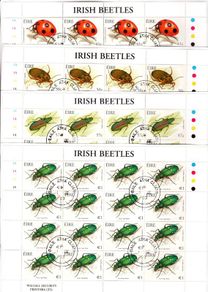 2003 Ireland Irish Beetles (41c Ladybird, 50c Leaf Beetle, 57c Great Diving Beetle, E1Green Tiger Beetle) Commemorative Stamp Sheetlet Plate 1A1A1A1A Fine CDS Used with Dublin cancel of 1st April 2003 (First day of issued) on envelope extract