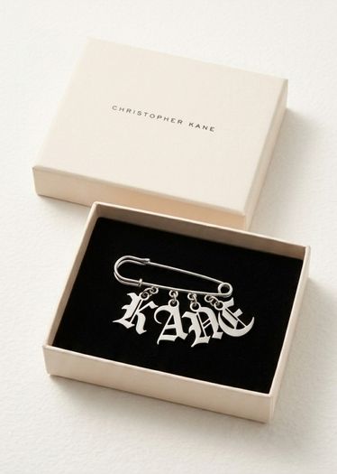 Christopher Kane Silver Name Safety Pin Brooch with Box