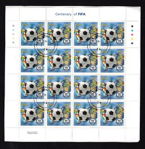 2004 Ireland Centenary of FIFA Commemorative Stamp Sheetlet Plate 1A1A1A1A Fine Used with Dublin cancel of 31st March 2004 (First day of issued) on envelope extract
