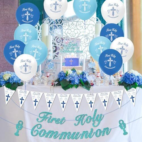 Holy Communion Decorations for Boy, Blue First Holy Communion Decorations Confirmation Decorations, Cross, Pigeon Banner Pennant Bunting, Balloons,Cake Topper for Boys Communion Christening Gift