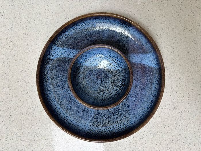 Irish Handmade Ceramic Dip Bowl / Speckled Blue Rustic Stoneware Chip & Crudite Platter