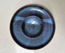 Irish Handmade Ceramic Dip Bowl / Speckled Blue Rustic Stoneware Chip & Crudite Platter