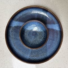 Irish Handmade Ceramic Dip Bowl / Speckled Blue Rustic Stoneware Chip & Crudite Platter