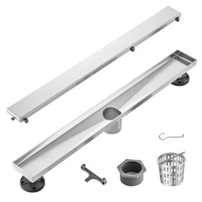 610mm Linear Shower Drain Offset with Tile Insert Cover,Brushed 304 Stainless Steel Rectangle Shower Floor Drain,Linear Drain with Leveling Feet,Hair Strainer