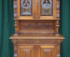 Antique Carved Oak Buffet Cabinet with Leaded Glass