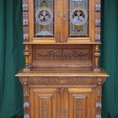 Antique Carved Oak Buffet Cabinet with Leaded Glass