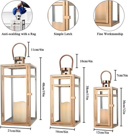 Set Of 3 Stainless Steel Candle Lantern 48cm&38cm&30cm High Metal Candle Holder With Clear Glass Panels Perfect For Home Decor Living Room Parties Events Tabletop Indoors Outdoors (Rose Gold)
