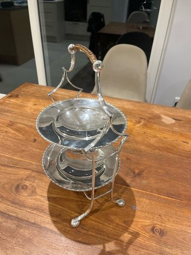 G.W.S George Wish EPNS silverplate 2 Tier Cake Stand Rare Cane Handle