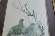 Vintage framed/matted Danish watercolor artist Mads Stage signed print. Two PARTRIDGE. 70's 80's wall decor Scandinavian