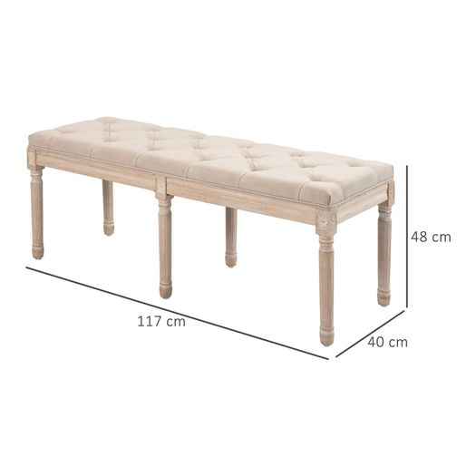 Vintage Design Vintage Bench, Button Tufting, Turned Legs, Shabby Chic, Cream + White