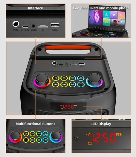 Machine for Adults with 2 Wireless Microphones, Portable Bluetooth Speaker PA System with Dicso Lights for Big Pary, Stage Subwoofers, Outdoor, for Family, Music Lover